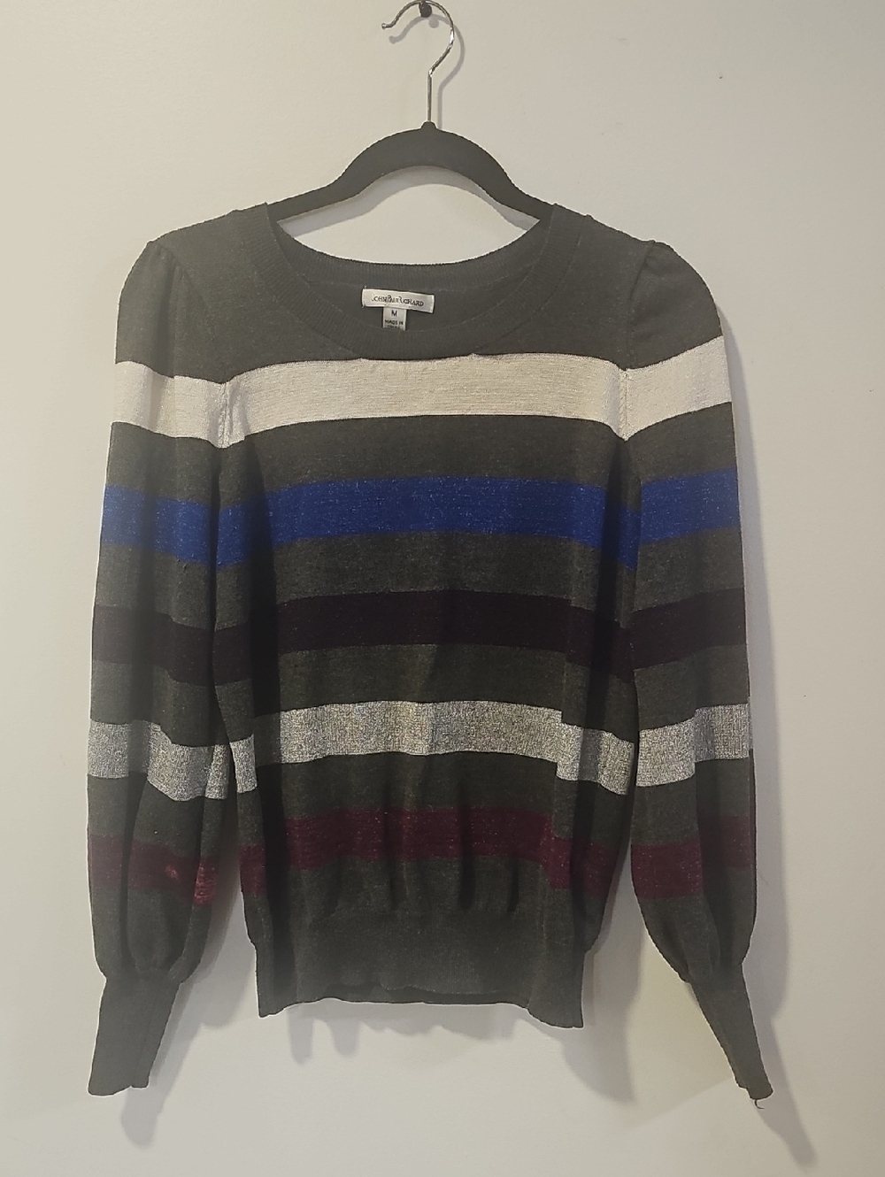 JohnPaulRichard Gray Crewneck Sweater with Blue, White & Maroon Stripes